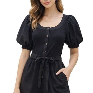 Cottagecore Puff Sleeve Black
Romper Tie Waist Button Front
MABLE S